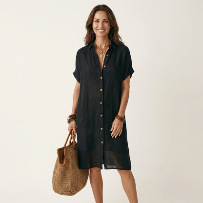 Nidal | Vestido camisero midi de algodón y lino con puños vueltos