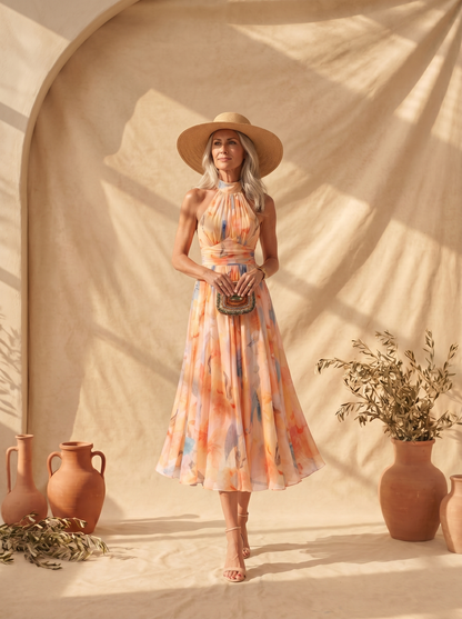 Aurora | Vestido con escote y estampado de acuarela