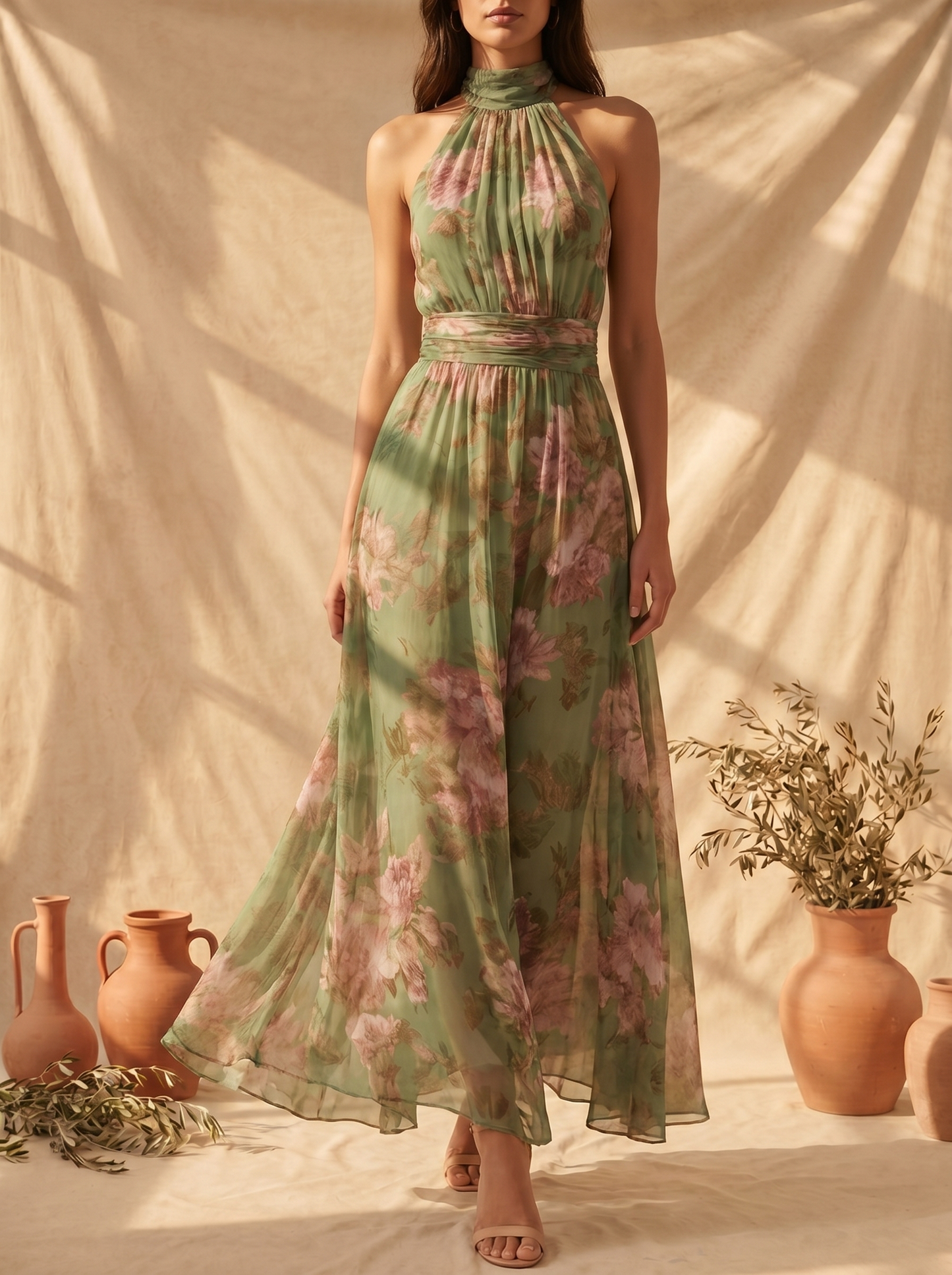 Olivia | Elegante vestido largo halter con estampado floral