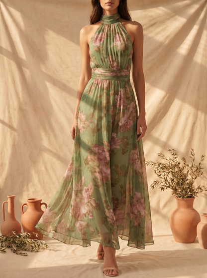 Olivia | Elegante vestido largo halter con estampado floral