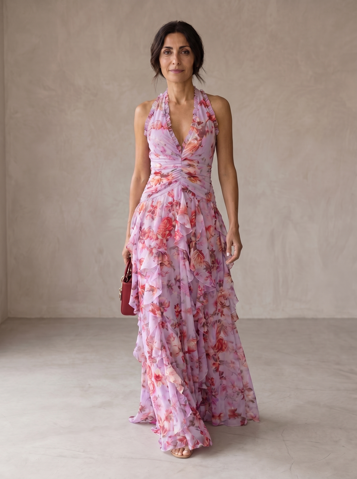 Belladina | Vestido largo romántico con escote y cascada de rosas