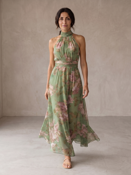 Olivia | Elegante vestido largo halter con estampado floral