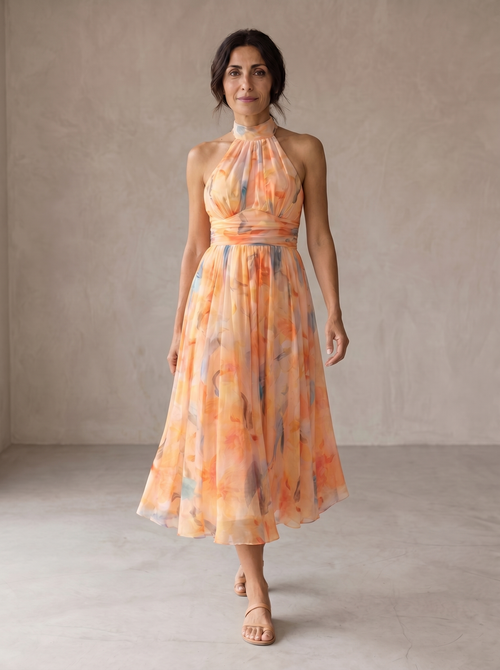 Aurora | Vestido con escote y estampado de acuarela