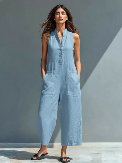 Mono holgado sin mangas con cuello alto y botones, de estilo minimalista, para mujer, de mezcla de lino.