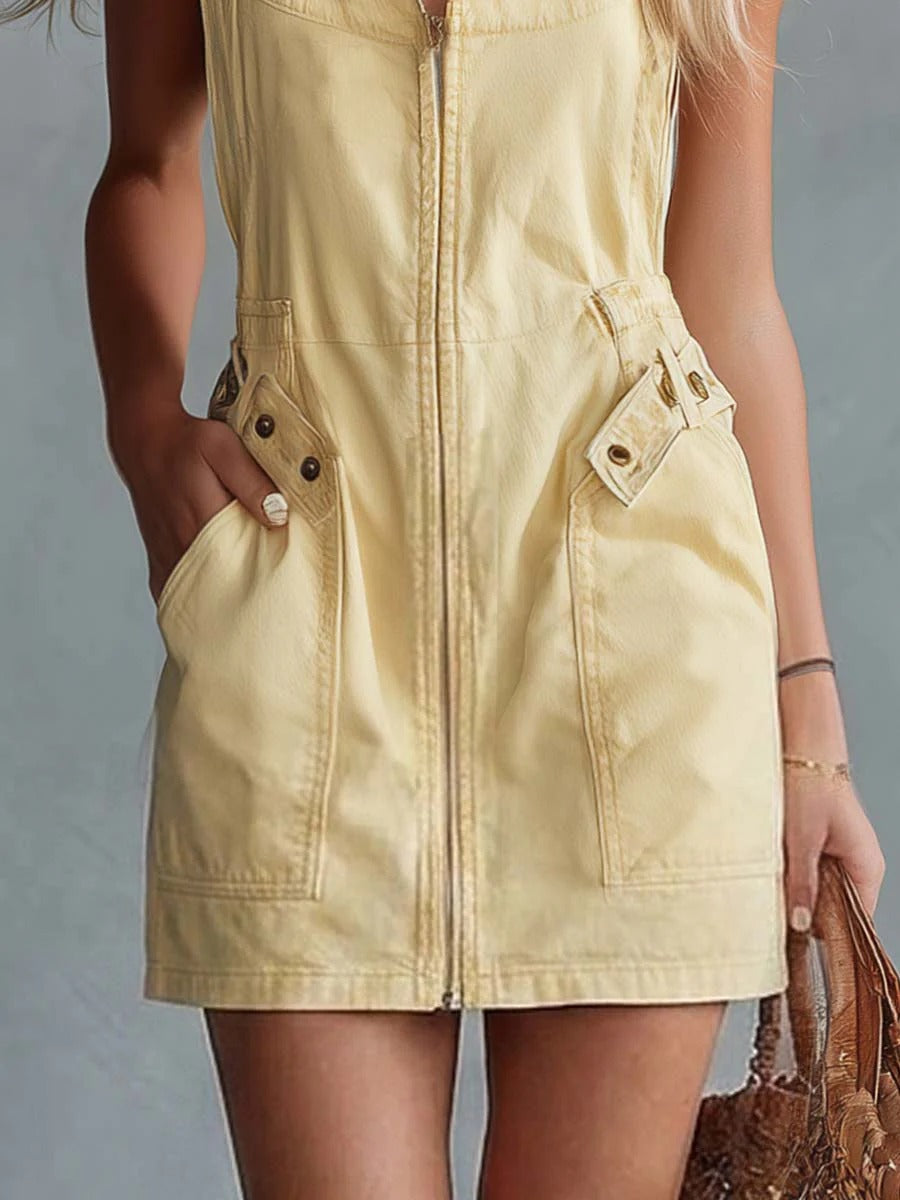 Camilla Mini - Minivestido vaquero de estilo retro con escote cuadrado, cremallera frontal y tirantes anchos