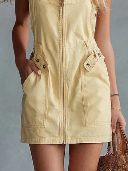 Camilla Mini - Minivestido vaquero de estilo retro con escote cuadrado, cremallera frontal y tirantes anchos