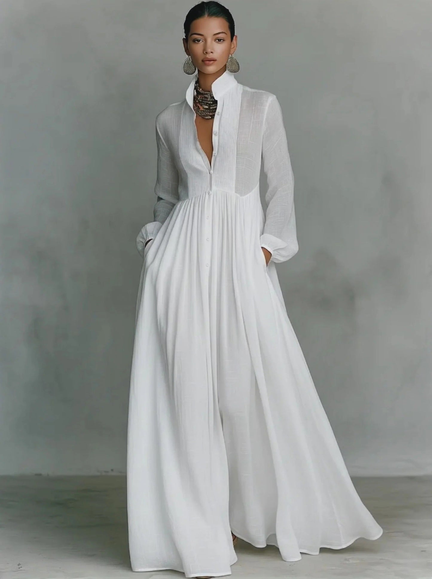Rossana -Vestido de algodón y lino para mujer con diseño de patchwork