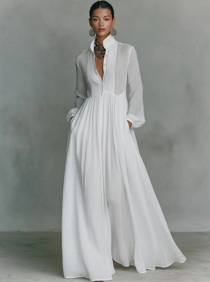Rossana -Vestido de algodón y lino para mujer con diseño de patchwork
