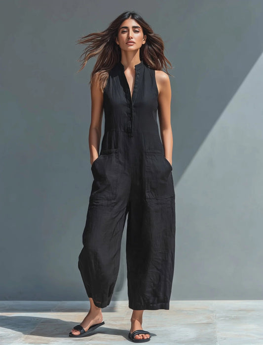 Mono holgado sin mangas con cuello alto y botones, de estilo minimalista, para mujer, de mezcla de lino.