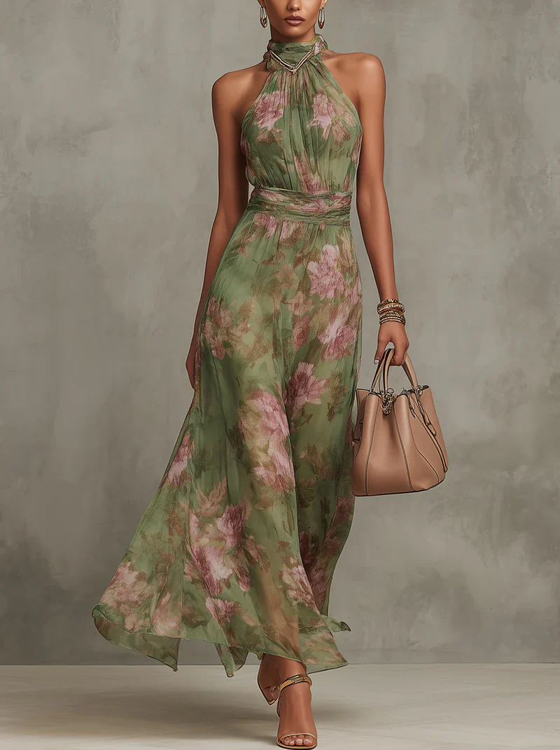 Vestido largo de gasa verde con estampado floral y escote halter
