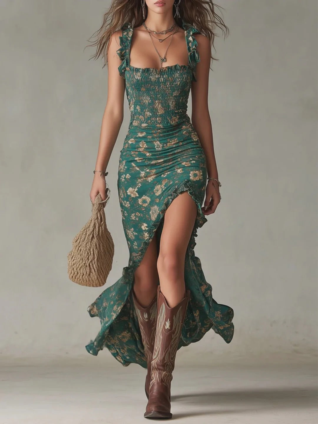Meriem - Vestido largo estilo boho retro con mangas con volantes y una abertura alta