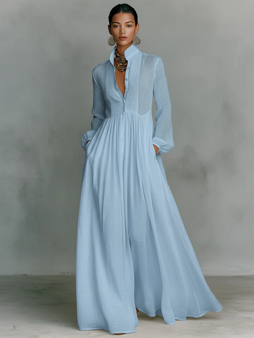 Rossana -Vestido de algodón y lino para mujer con diseño de patchwork