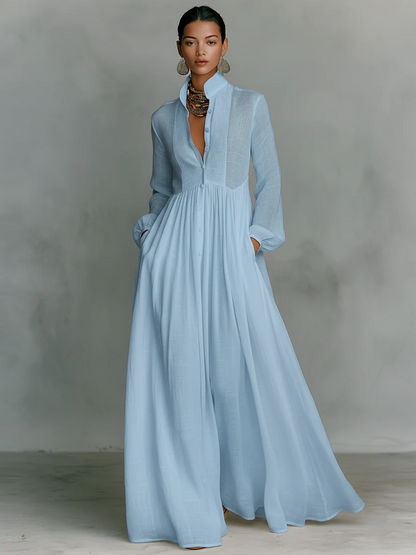 Rossana -Vestido de algodón y lino para mujer con diseño de patchwork