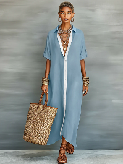 Victoria - Vestido camisero largo de mezcla de lino y manga corta para mujer