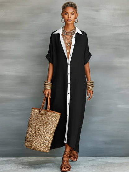 Victoria - Vestido camisero largo de mezcla de lino y manga corta para mujer