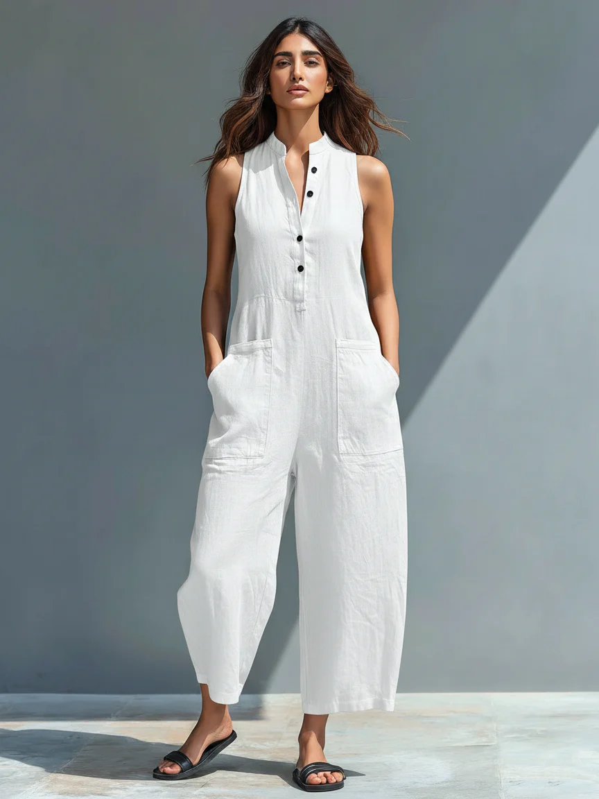 Mono holgado sin mangas con cuello alto y botones, de estilo minimalista, para mujer, de mezcla de lino.