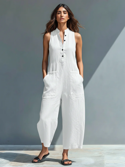 Mono holgado sin mangas con cuello alto y botones, de estilo minimalista, para mujer, de mezcla de lino.