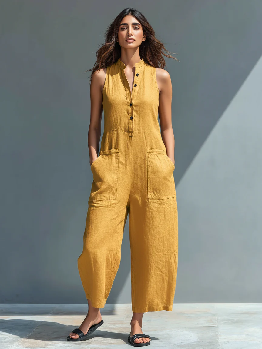 Mono holgado sin mangas con cuello alto y botones, de estilo minimalista, para mujer, de mezcla de lino.
