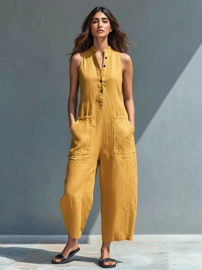 Mono holgado sin mangas con cuello alto y botones, de estilo minimalista, para mujer, de mezcla de lino.