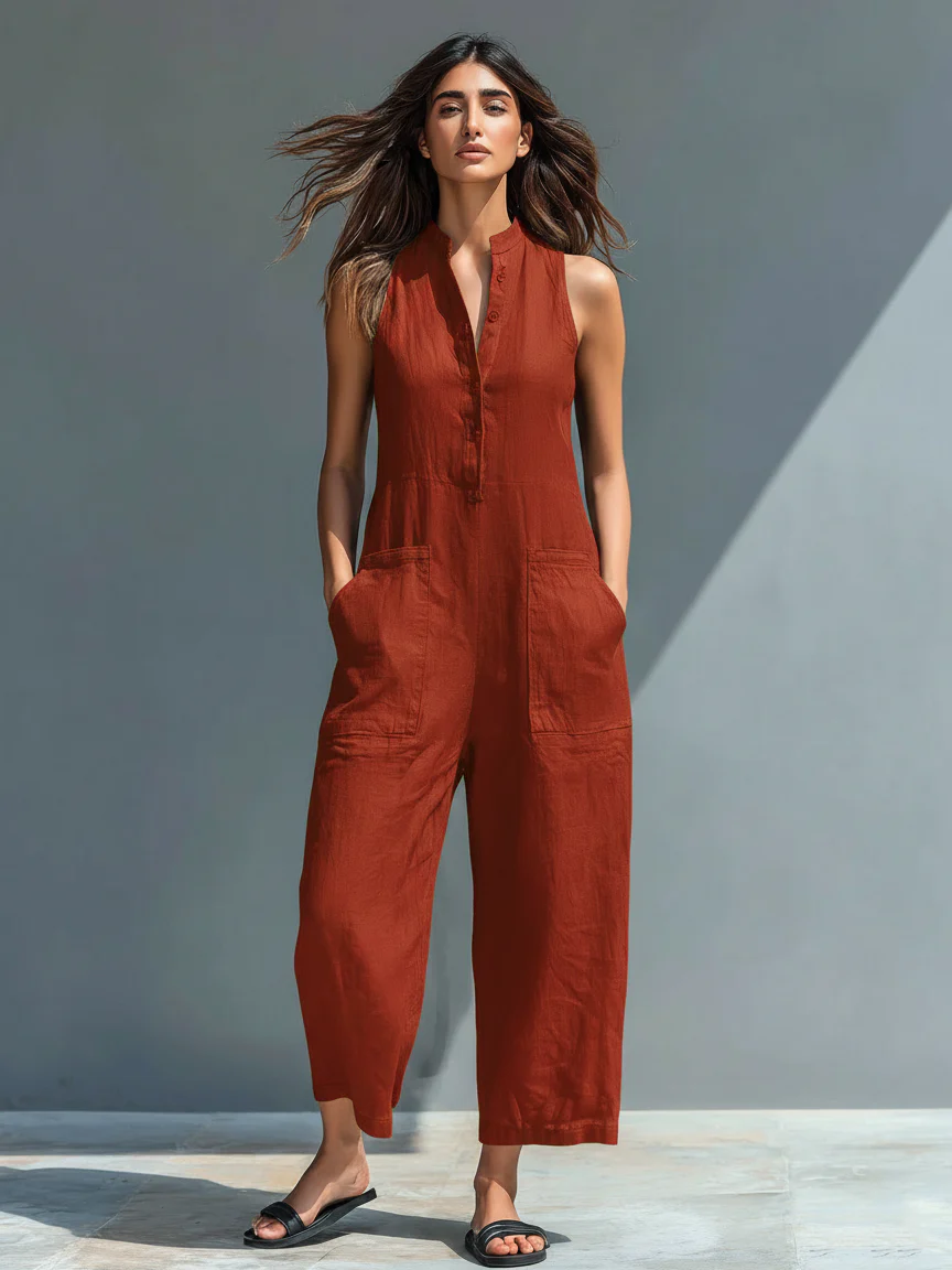 Mono holgado sin mangas con cuello alto y botones, de estilo minimalista, para mujer, de mezcla de lino.