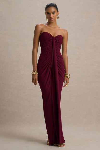 Graciela™ | Vestido Largo Burdeos con Escote Corazón, Drapeado y Lazo