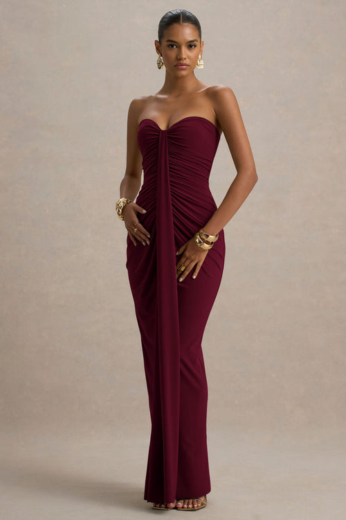 Graciela™ | Vestido Largo Burdeos con Escote Corazón, Drapeado y Lazo